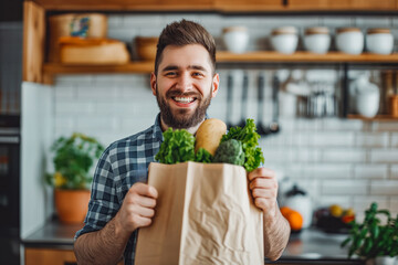 Happy beautiful men holding cardboard bag with health shopping in kitchen at home. He bought vegetables for a healthy family lunch. He likes vegetables.
