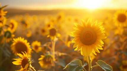 Sunflowers in a golden field, creating a bright and warm natural background generative ai