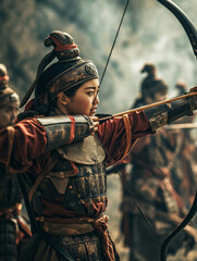 Photography style, war-torn battlefield, beautiful ancient chinese female warriors and handsome ancient chinese male warriors pull up bows and arrows to aim at the enemy, stunning vision, epic design - obrazy, fototapety, plakaty