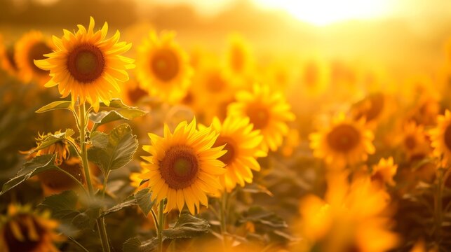 Sunflowers in a golden field, creating a bright and warm natural background generative ai