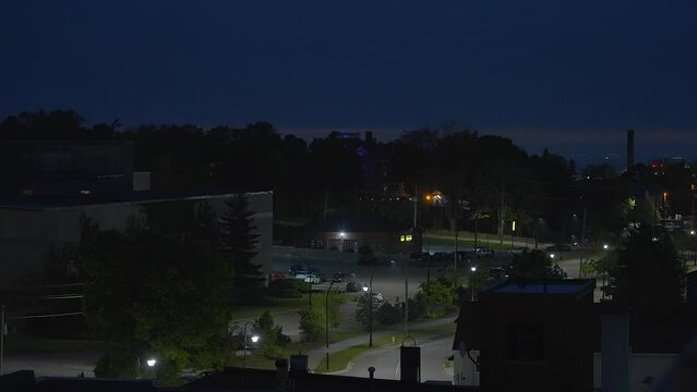 Establishing shot of Cityscape at night in Thorold, Canada, North America. Evening time on June 2022. ProRes 422 HQ.