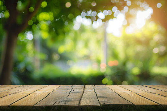 Empty wooden table with green garden background