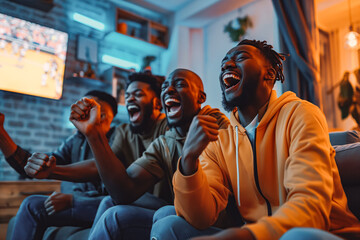 Men watching sport on tv together with friends at home screaming cheerful.