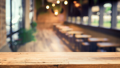 wood table on blur of cafe, coffee shop, bar, background for your work; vintage tone