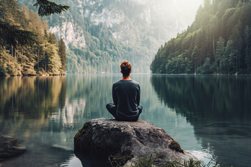 Fototapeta na wymiar Mental Wellness Practices. Person meditating in nature with an emphasis on tranquility, mindfulness, and relaxation. The person loves meditating .
