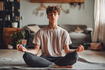 One teen man doing guided meditation yoga self care practice at home. He practices yoga through online content. He likes yoga because it keeps him calm.