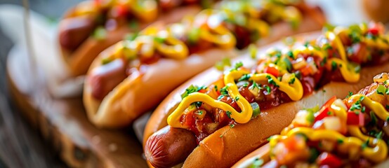 A scrumptious assortment of savory hot dogs with a variety of delicious toppings, perfect for satisfying cravings for fast food and indulging in a finger food feast, all nestled inside warm and fluff - obrazy, fototapety, plakaty