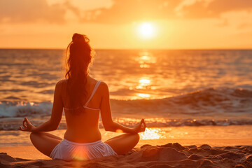 Fototapeta na wymiar Woman practicing mantra yoga meditation outdoors on the beach at sunset achieving peaceful relaxation and spiritual well being She feels very concerned.