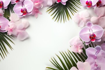 Summer Background with Tropical Orchid Flowers and Green Palm Leaves AI Generated