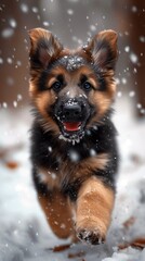 Many German Shepherd puppy walking on snow