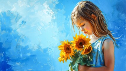 A radiant summer portrait of a girl, adorned in yellow clothing, delicately holding a bouquet of sunflowers, capturing the essence of human connection to nature