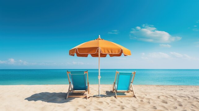 Beach chairs and umbrella on the sandy beach, 3d render Generative AI