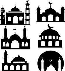 Islamic buildings silhouettes. Mosques and minarets with crescents. Vector illustration