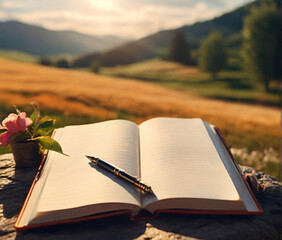 Open book on nature. Diary with a pen on a peaceful landscape with sunlight 