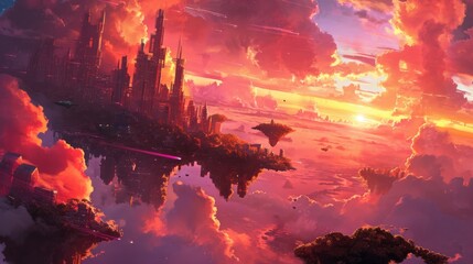 Sunset over a futuristic city with floating islands, complemented by vibrant manga-style clouds generative ai - obrazy, fototapety, plakaty