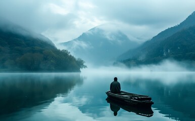 Amidst the tranquil waters and misty mountains, a lone boat glides across the reflective surface of the lake, blending with the natural beauty of the foggy landscape