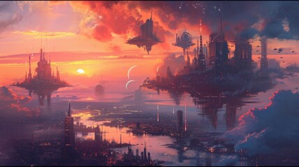 Sunset over a futuristic city with floating islands, complemented by vibrant manga-style clouds generative ai