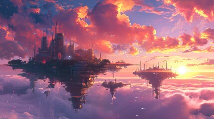 Fototapeta premium Sunset over a futuristic city with floating islands, complemented by vibrant manga-style clouds generative ai