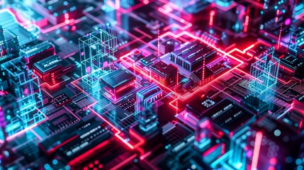 Obraz premium Vibrant lines and intricate patterns come together in a circuit board, embodying the complexities and innovations of electronic engineering