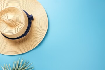 Fototapeta na wymiar Summer Flat Lay with Sunglasses, Straw Hat, and Beach Accessories on Blue Background AI Generated