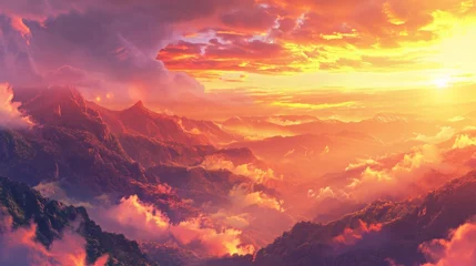 Tuinposter Sunset over a mountain range with warm colors filling the sky. Manga-style clouds generative ai © Kelly