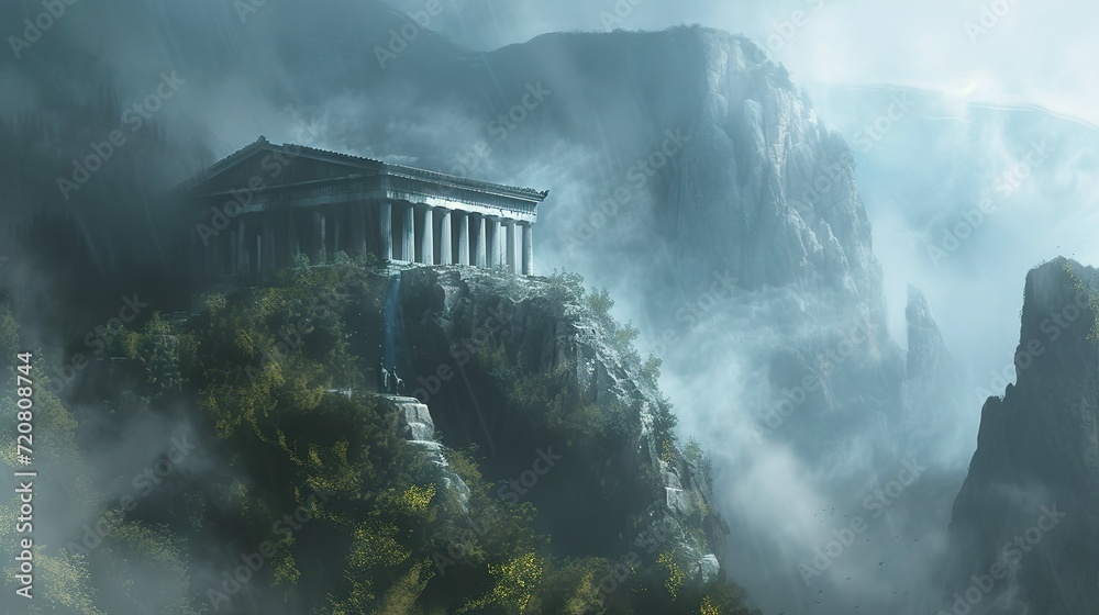 Wall mural a digital painting of an ancient greek temple in a foggy, foggy, and foggy mountain landscape