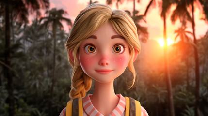 portrait of a 3d cartoon blonde girl in jungle 