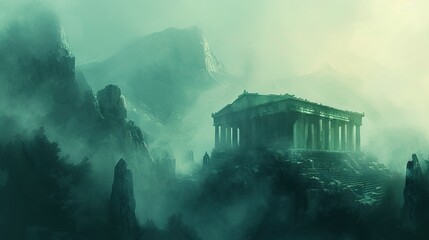a digital painting of an ancient greek temple in a foggy, foggy, and foggy mountain landscape - 720808793