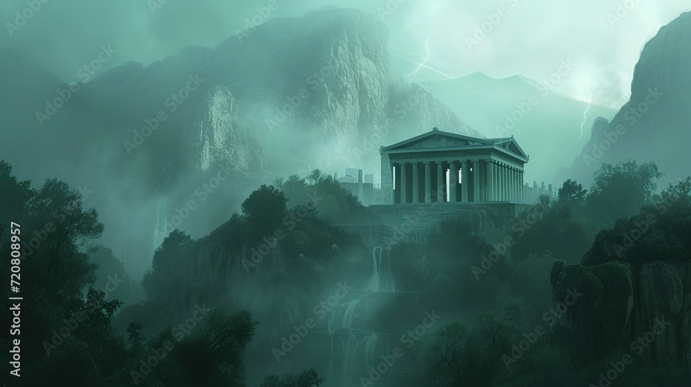 Wall mural a digital painting of an ancient greek temple in a foggy, foggy, and foggy mountain landscape