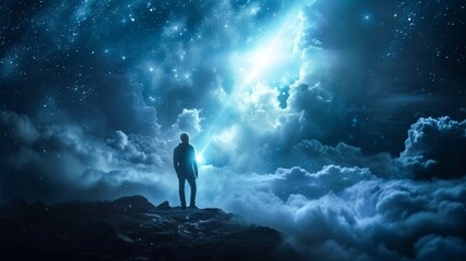 Fototapeta premium A solitary figure gazes up at the star-speckled sky, enveloped by the majestic beauty of nature and the tranquil stillness of the night