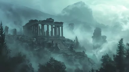Fotobehang a digital painting of an ancient greek temple in a foggy, foggy, and foggy mountain landscape © Jennifer