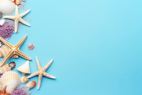 Summer Time Concept: Beautiful Starfish and Sea Shells on Colored Table AI Generated
