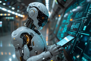 Fototapeta premium Futuristic Robot Using Tablet in High-Tech Environment. A robot with advanced technology uses a tablet in a futuristic setting.