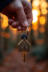 Close-up of Person Holding House Key in Hand. Person Holding House-Shaped Key in Front of Sunset.