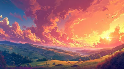 Foto op Plexiglas Sunset over a tranquil countryside with rolling hills, adorned with manga-style clouds generative ai © Kelly
