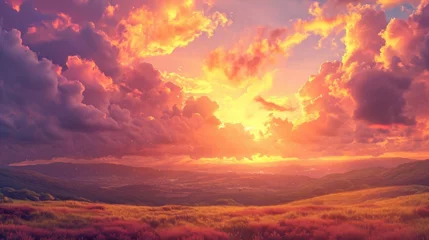 Gardinen Sunset over a tranquil countryside with rolling hills, adorned with manga-style clouds generative ai © Kelly