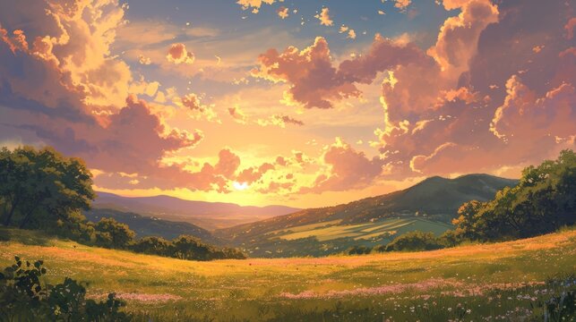 Sunset over a tranquil countryside with rolling hills, adorned with manga-style clouds generative ai