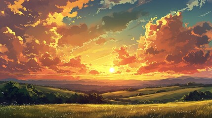 Sunset over a tranquil countryside with rolling hills, adorned with manga-style clouds generative ai - obrazy, fototapety, plakaty