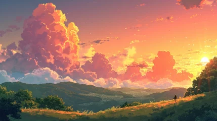 Türaufkleber Sunset over a tranquil countryside with rolling hills, adorned with manga-style clouds generative ai © Kelly