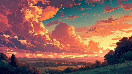Sunset over a tranquil countryside with rolling hills, adorned with manga-style clouds generative ai - obrazy, fototapety, plakaty
