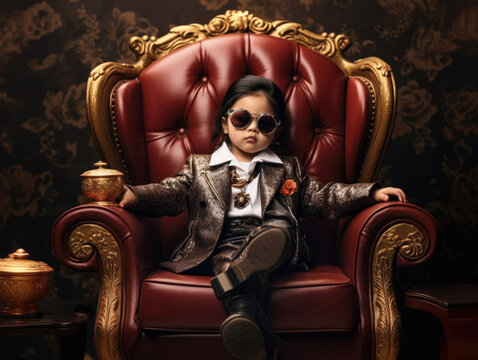 Stylish cool Asian boy wearing glitter jacket and trousers sitting in luxury leather chair at cozy room, fashion supermodel kid, Generative AI