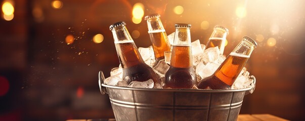 Metal bucket with cold bottles of beer on the bar blurred background - obrazy, fototapety, plakaty
