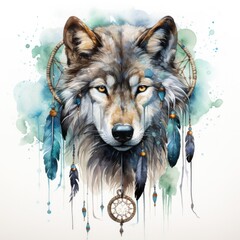 A watercolor painting of a wolf with a dream catcher.