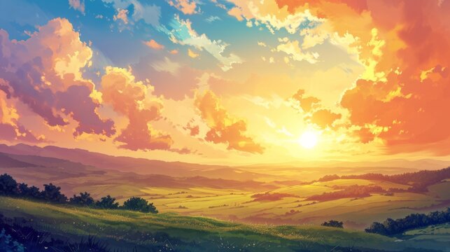 Sunset over a tranquil countryside with rolling hills, adorned with manga-style clouds generative ai