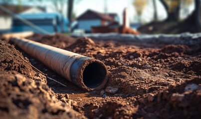 A detailed view of a pipes partially buried in the dirt. This image can be used to depict construction, plumbing, or infrastructure projects