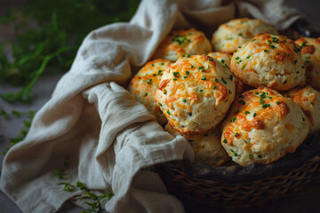 Scones with cheese and green onion. Cheddar and chive biscuits. Generative AI