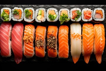 Delicious Sushi Rolls and Nigiri on Black Slate Background AI Generated