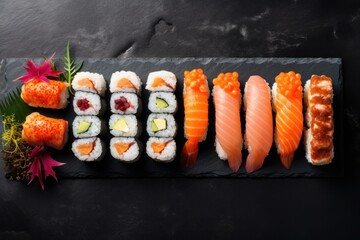 Delicious Sushi Rolls and Nigiri on Black Slate Background AI Generated