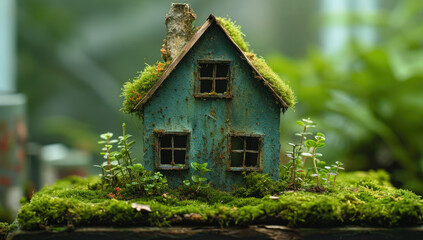 Fototapeta na wymiar a green house is made from moss and green leaves on table, in the style of flat composition, wood