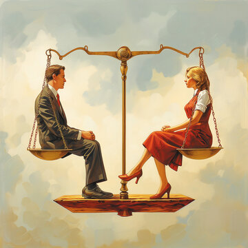 Egalit&eacute; homme / femme Journ&eacute;e de la femme et droit de la femme. 8 mars journ&eacute;e internationale de la femme. 1 femme et un homme assis sur les plateaux d'une balance &agrave; la m&ecirc;me hauteur. Concept d'&eacute;galit&eacute;